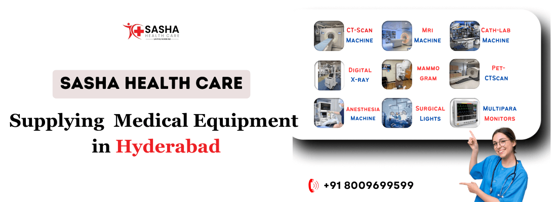 A showroom display of hospital-grade MRI, CT, digital X-ray, and ICU ventilator units ready for delivery across India by Sasha Health Care.