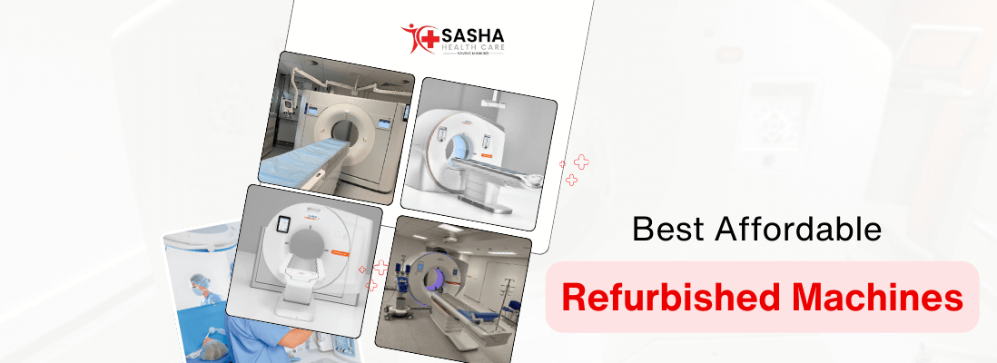 Refurbished CT scan machine with patient table and control console installed in a diagnostic center by Sasha Health Care.