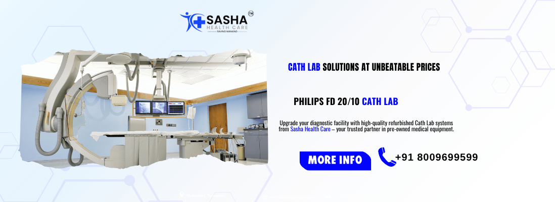 Modern refurbished Cath Lab machine setup for interventional cardiology in an Indian hospital by Sasha Health Care.