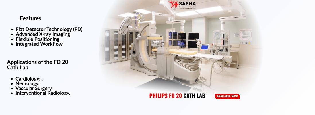 Refurbished cath lab machine with advanced radiology imaging system, available from Sasha Health Care in India.