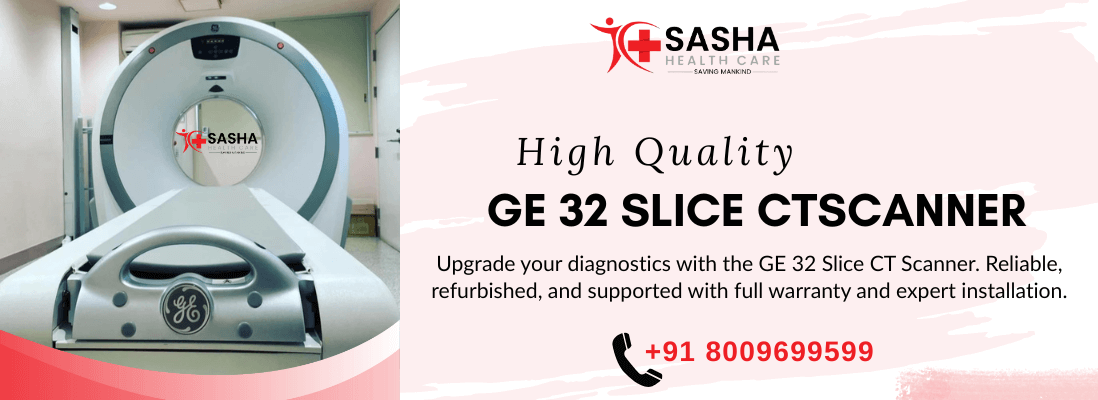 GE 32 Slice CT Scanner machine front view with patient table – ideal for advanced diagnostic imaging.