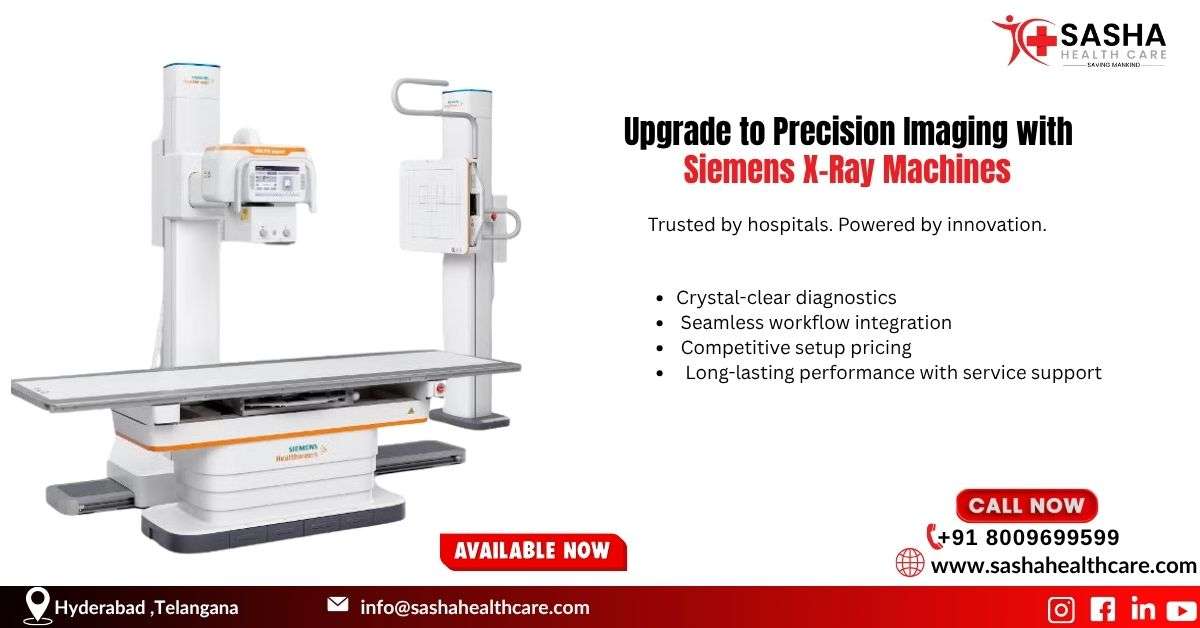 A modern Siemens X-ray machine setup in a clean hospital radiology room with a doctor operating the console.