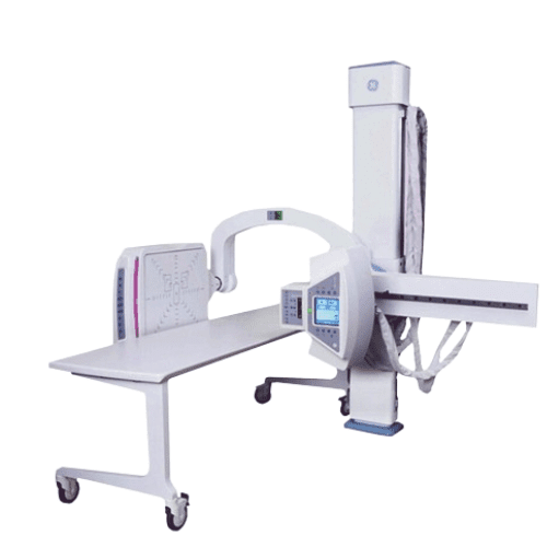 GE Definium 5000 digital radiography system with flat-panel detector and overhead tube crane