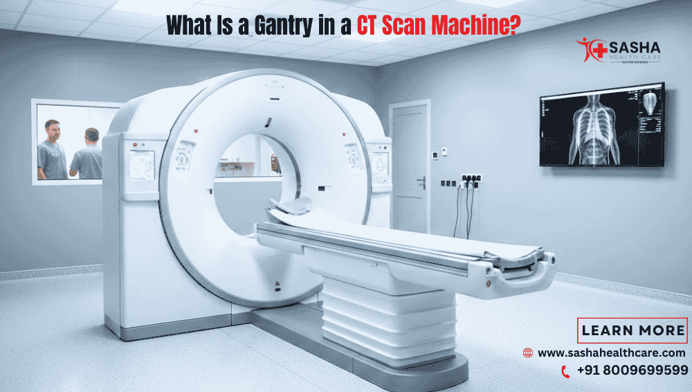 CT scan machine gantry showing X-ray tube and detector housing