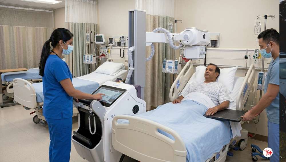Portable X ray machine used in hospital ICU for bedside imaging